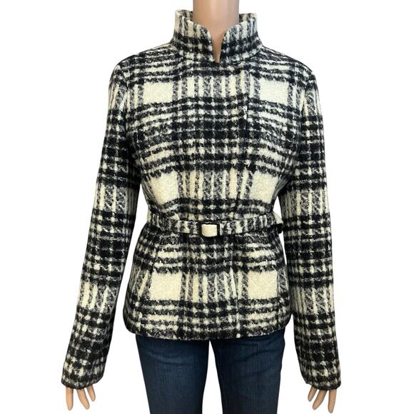 Banana Republic Wool Plaid Coat Medium High Neck Preppy Classic Fuzzy - Picture 1 of 15
